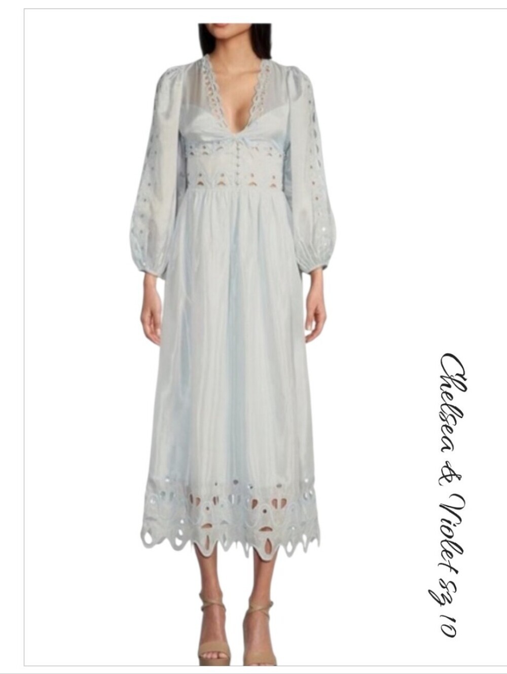 Chelsea & Violet Blue Crepe Eyelet Midi Dress Size 10 NWT Cutout Drop Waist